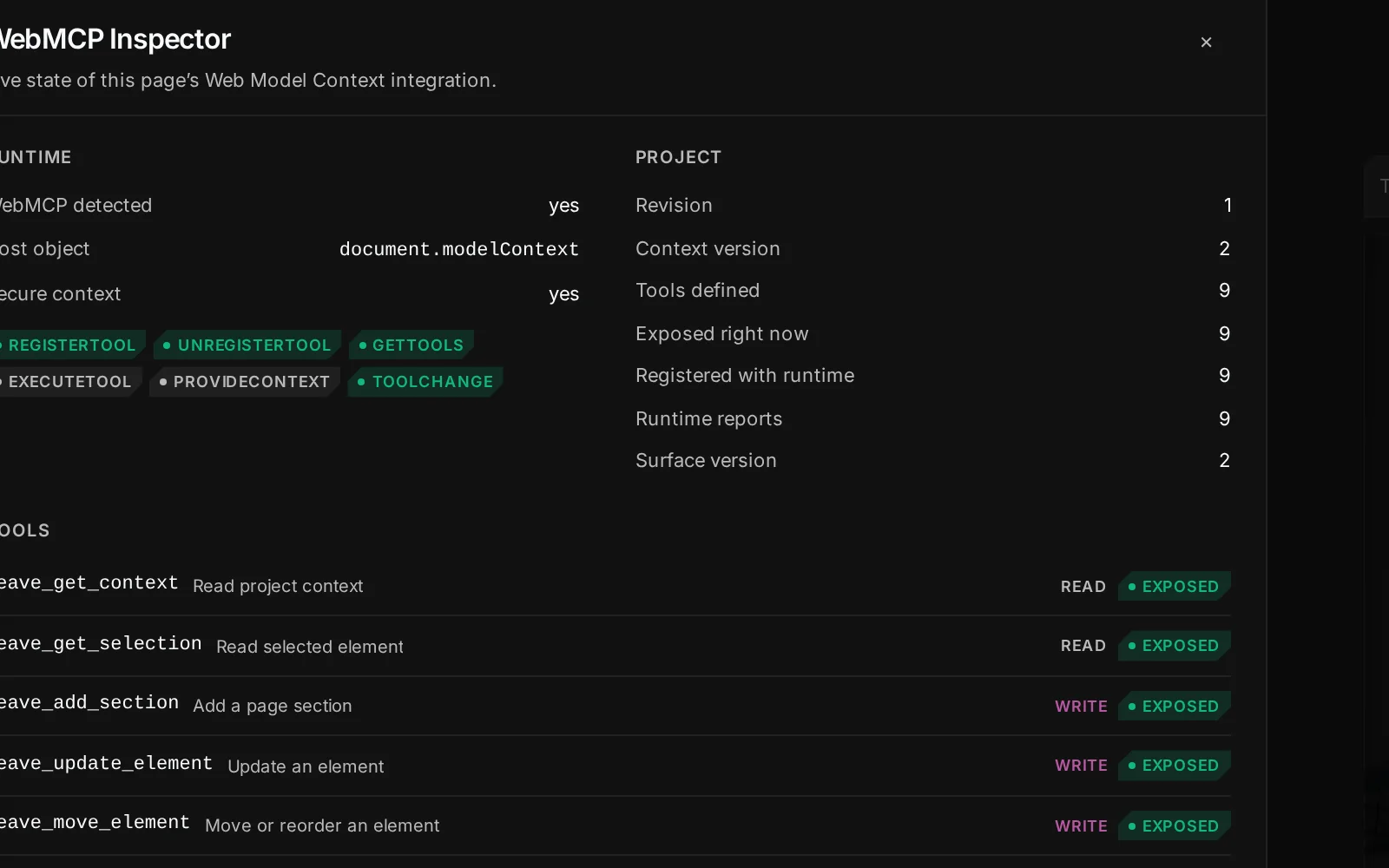 The WebMCP Inspector dialog listing the detected runtime host, capability pills for registerTool, unregisterTool, getTools and more, and every tool with its access level and exposure state.